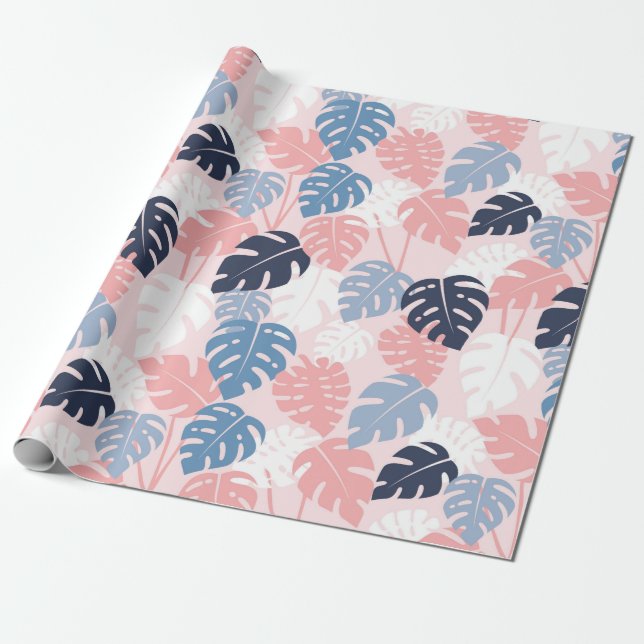 Papel De Presente Monstera tropical deixa marinho rosa e azul empoei (Desenrolado)