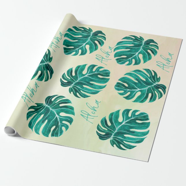 Papel De Presente Monstera tropical emerald green palm deixa aloha (Desenrolado)