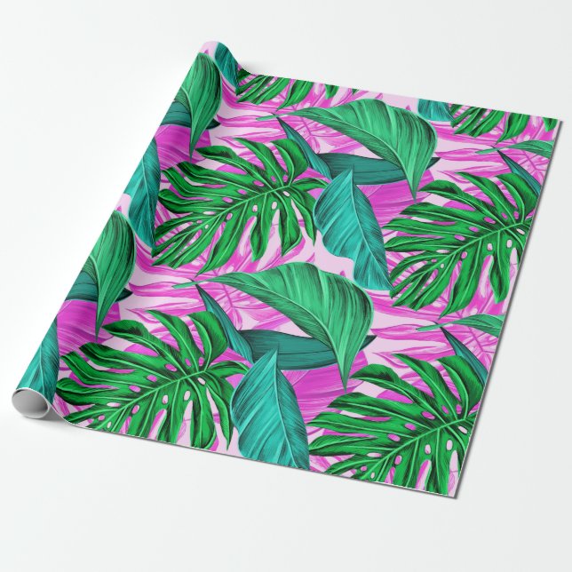 Papel De Presente Monstera Tropical Vibrante Deixa Padrão Exótico  (Desenrolado)