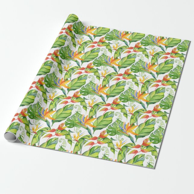 Papel De Presente Monstera Verde Tropical e Folhas de Laranja Aquare (Desenrolado)