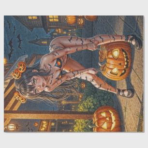 Papel De Presente Monstro de Halloween Jack-o-Lantern & Garota Vixe 