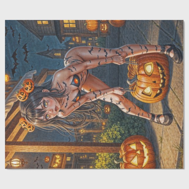 Papel De Presente Monstro de Halloween Jack-o-Lantern & Garota Vixe  (Aberto)