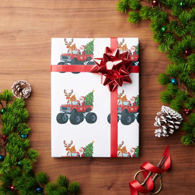 Papel De Presente Monstro do Caminhão de Natal Rena Árvore de Natal  (Presente de Natal)
