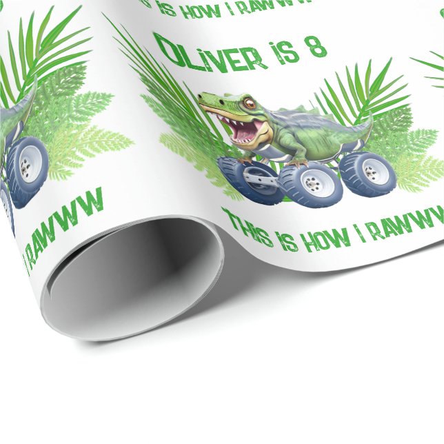 Papel De Presente Monstro do Dinossauro, caminhão personalizado de a (Ponta do rolo)