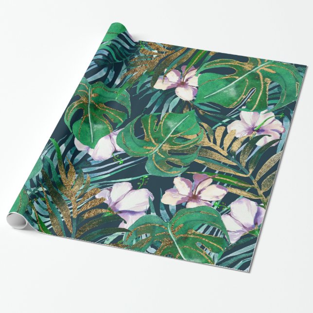 Papel De Presente Monstro Dourado Verde Tropical Lilás Deixa Floral (Desenrolado)