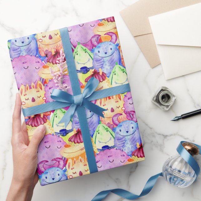 Papel De Presente Monstros de Cores Aquáticas Cujas (Presentear)