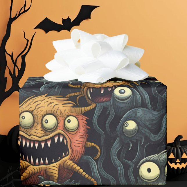 Papel De Presente Monstros de Halloween, Laranja, Cinza Escuro (Criador carregado)