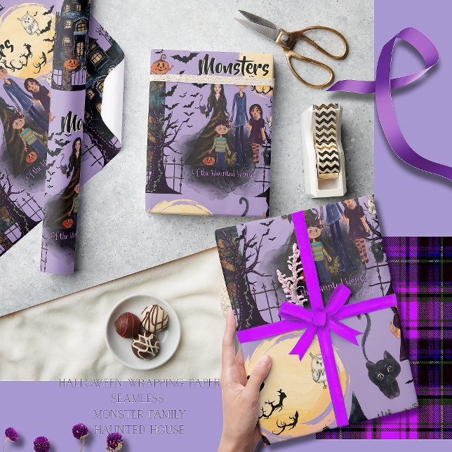 Papel De Presente Monstros do Halloween Contínuo da Casa Assombrada (Monsters of the Haunted House Continuous Halloween Wrapping Paper)