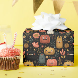 Papel De Presente Monstros e Abóboras de Halloween Lindos