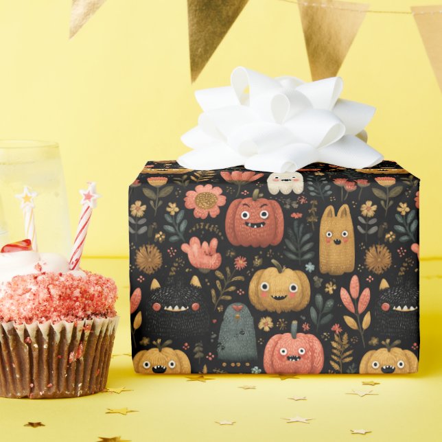 Papel De Presente Monstros e Abóboras de Halloween Lindos (Festa de aniversário)