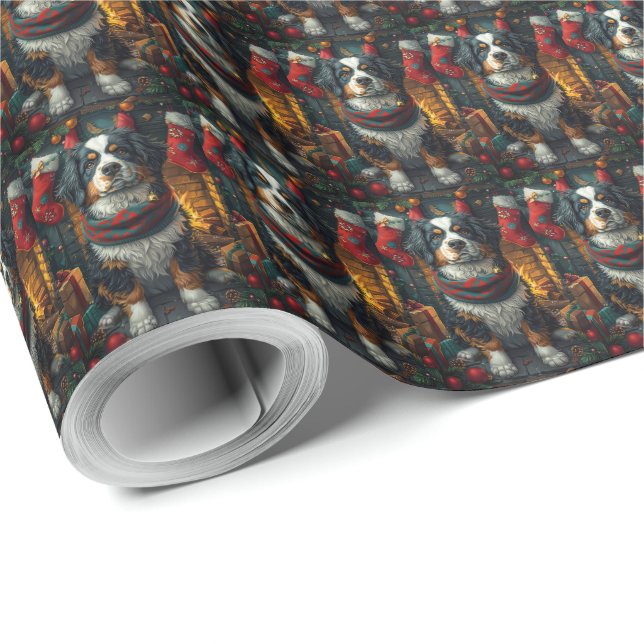 Papel De Presente Montanha Bernesa com Lareira de Presentes de Natal (Ponta do rolo)