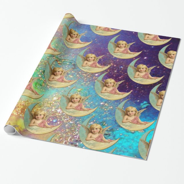 PAPEL DE PRESENTE MOON ANGEL IN PINK ,BLUE GOLD YELLOW SPARKLES (Desenrolado)