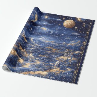 Papel De Presente Moonlit Starry Dreamland Mythical Blue Design