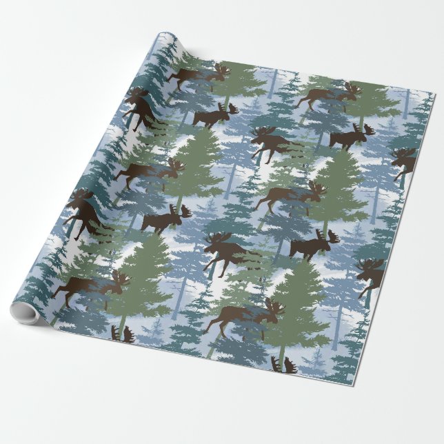 Papel De Presente Moose da Floresta de inverno (Desenrolado)