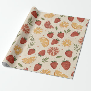 Papel De Presente Morango Silvestre & Raminhos de Citrino em Creme R
