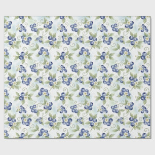 Papel De Presente Morangos Azuis Aquarela, Folhas, Flores de Mirtilo