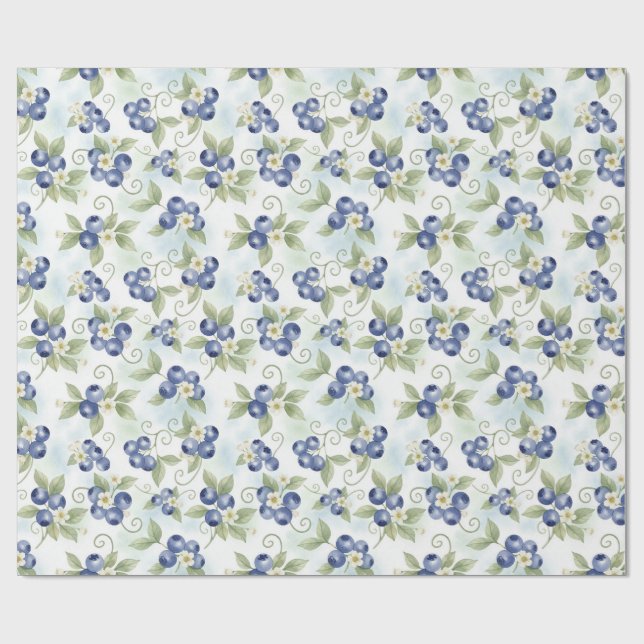 Papel De Presente Morangos Azuis Aquarela, Folhas, Flores de Mirtilo (Aberto)