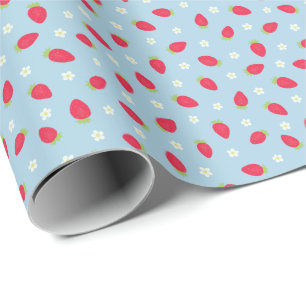 Papel De Presente Morangos de Verão em Azul (pequena escala)