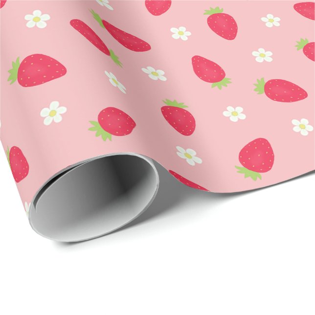 Papel De Presente Morangos de Verão em Rosa (grande escala) (Ponta do rolo)