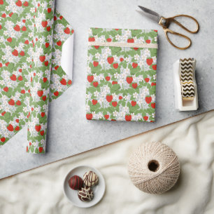 Papel De Presente Morangos e flores rosa e branca