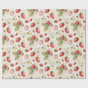 Papel De Presente Morangos, Folhas e Flores em Aquarela