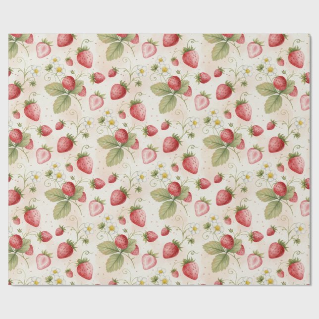Papel De Presente Morangos, Folhas e Flores em Aquarela (Aberto)