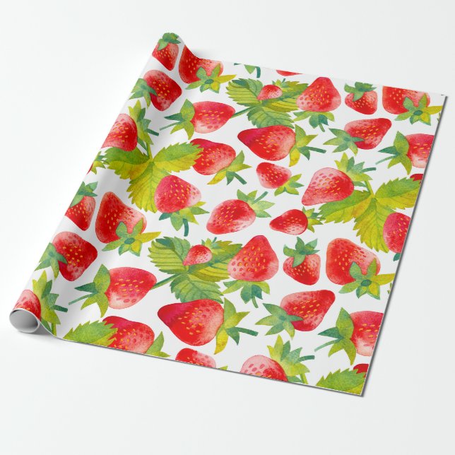 Papel De Presente Morangos Vermelhos Aquarela Colorida (Desenrolado)