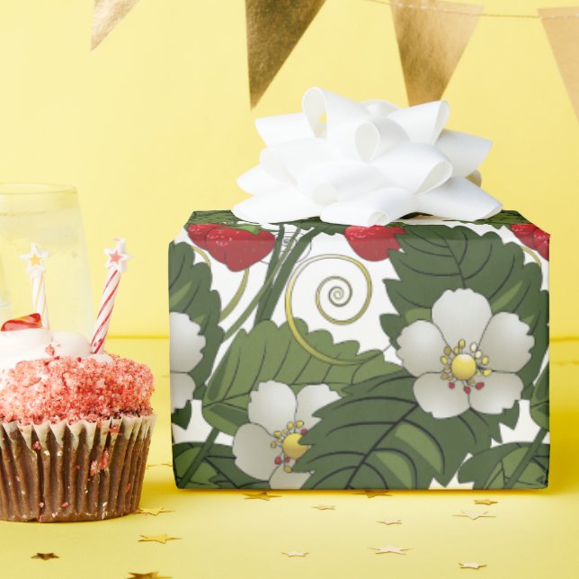 Papel De Presente Morangos Vermelhos e Folhas Verdes (Festa de aniversário)