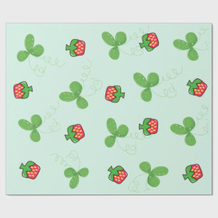 Papel De Presente Morangos Vermelhos Fofos e Folhas de Trevo Verde