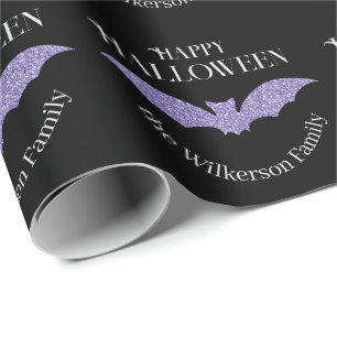 Papel De Presente Morcego Brilho Roxo Feliz Halloween