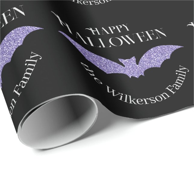 Papel De Presente Morcego Brilho Roxo Feliz Halloween (Ponta do rolo)