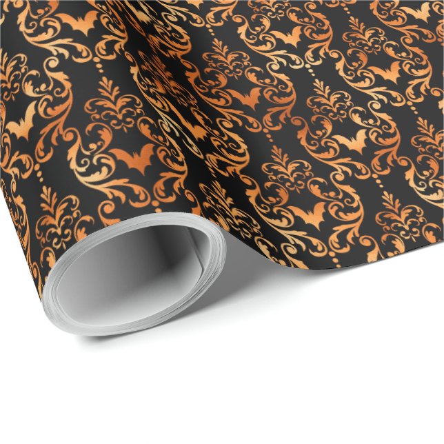 Papel De Presente Morcego Preto e Laranja Toile Halloween (Ponta do rolo)