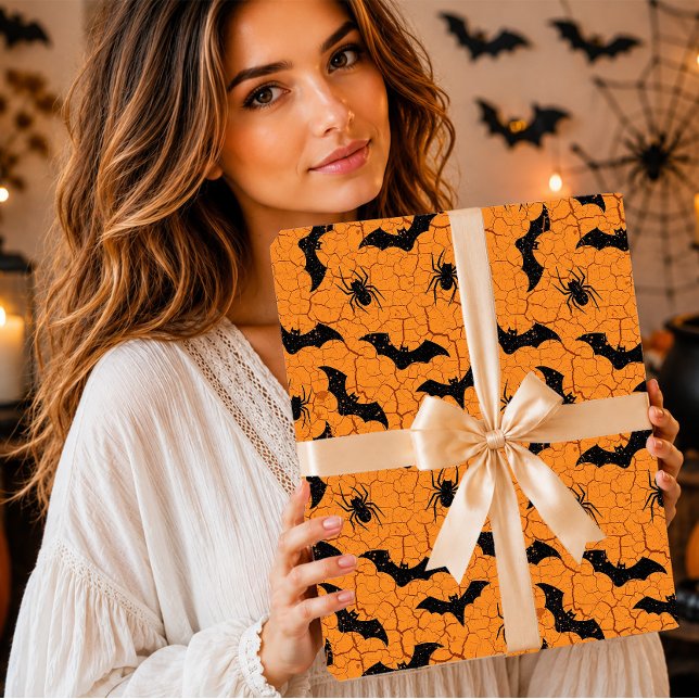 Papel De Presente Morcegos Aranhas Terra Rachada Laranja Assustador (Criador carregado)