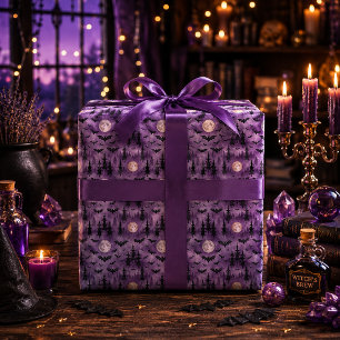Papel De Presente Morcegos Assustadores de Halloween Floresta Roxa L