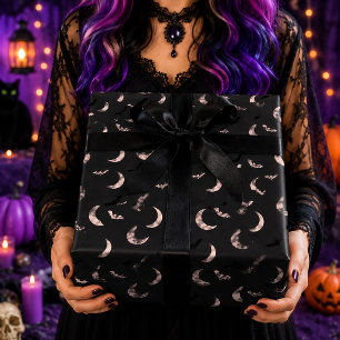 Papel De Presente Morcegos da Lua Rosa Padrão Celestial de Halloween