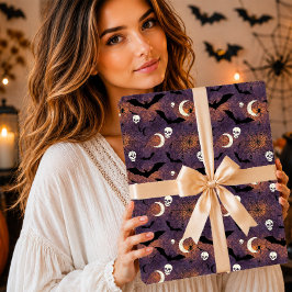 Papel De Presente Morcegos e Caveiras Góticos Assustadores Roxo Lara