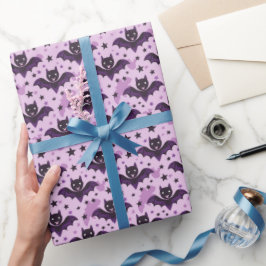 Papel De Presente Morcegos Fofo de Halloween Roxos Escuros