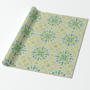 Papel De Presente Morris Amarelo Turquesa Padrão de Videira e Flor