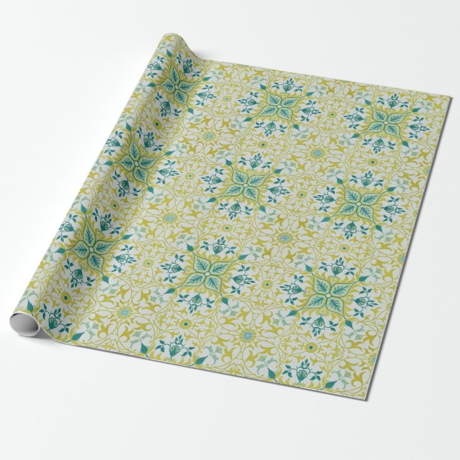 Papel De Presente Morris Yellow Turquoise Vine & Flower Pattern (Desenrolado)