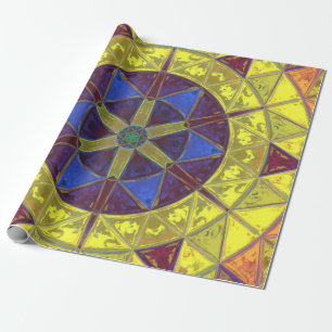 Papel De Presente Mosaico Caleidoscópio Flor Amarelo Azul e Laranja