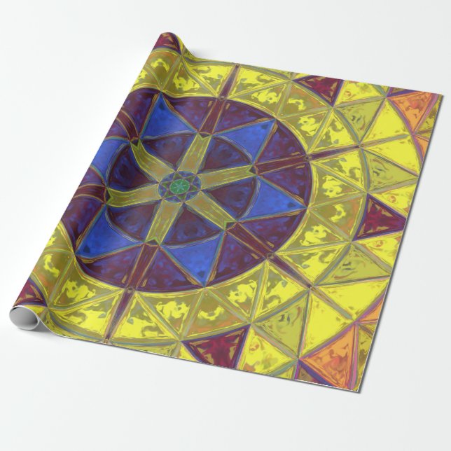 Papel De Presente Mosaico Caleidoscópio Flor Amarelo Azul e Laranja (Desenrolado)