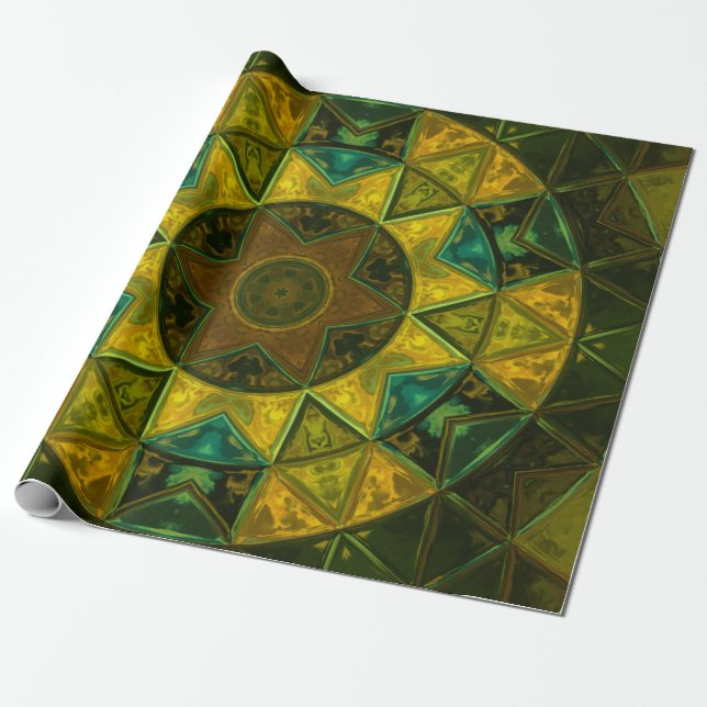 Papel De Presente Mosaico Caleidoscópio Flor Amarelo e Verde (Desenrolado)