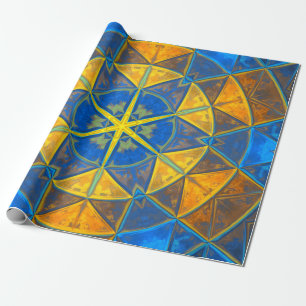 Papel De Presente Mosaico Caleidoscópio Flor Azul e Amarelo
