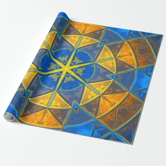 Papel De Presente Mosaico Caleidoscópio Flor Azul e Amarelo (Desenrolado)