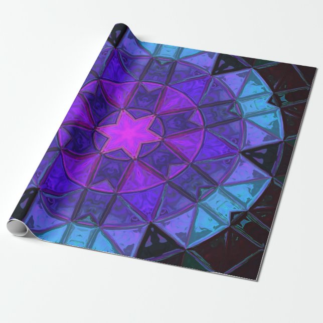 Papel De Presente Mosaico Caleidoscópio Flor Azul Roxo e Preto (Desenrolado)
