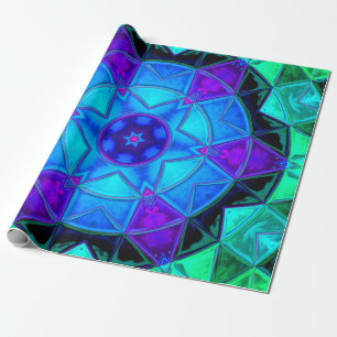 Papel De Presente Mosaico Caleidoscópio Flor Azul Roxo e Teal