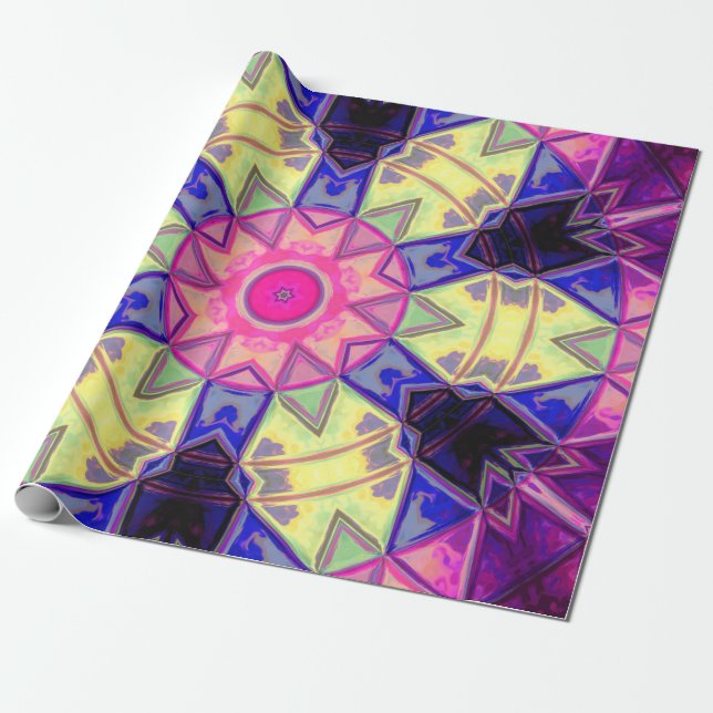 Papel De Presente Mosaico Caleidoscópio Flor Rosa Amarelo e Azul (Desenrolado)