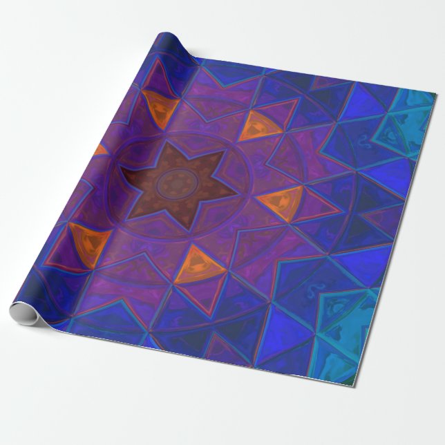 Papel De Presente Mosaico Caleidoscópio Flor Rosa Azul e Amarelo (Desenrolado)