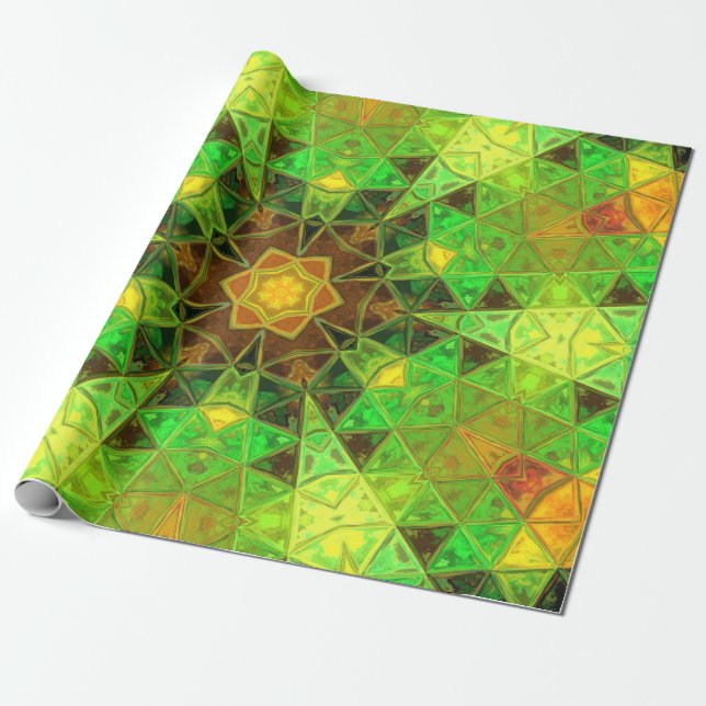 Papel De Presente Mosaico Caleidoscópio Flor Verde e Laranja (Desenrolado)