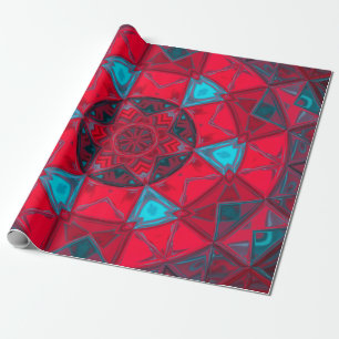Papel De Presente Mosaico Caleidoscópio Flor Vermelho e Azul